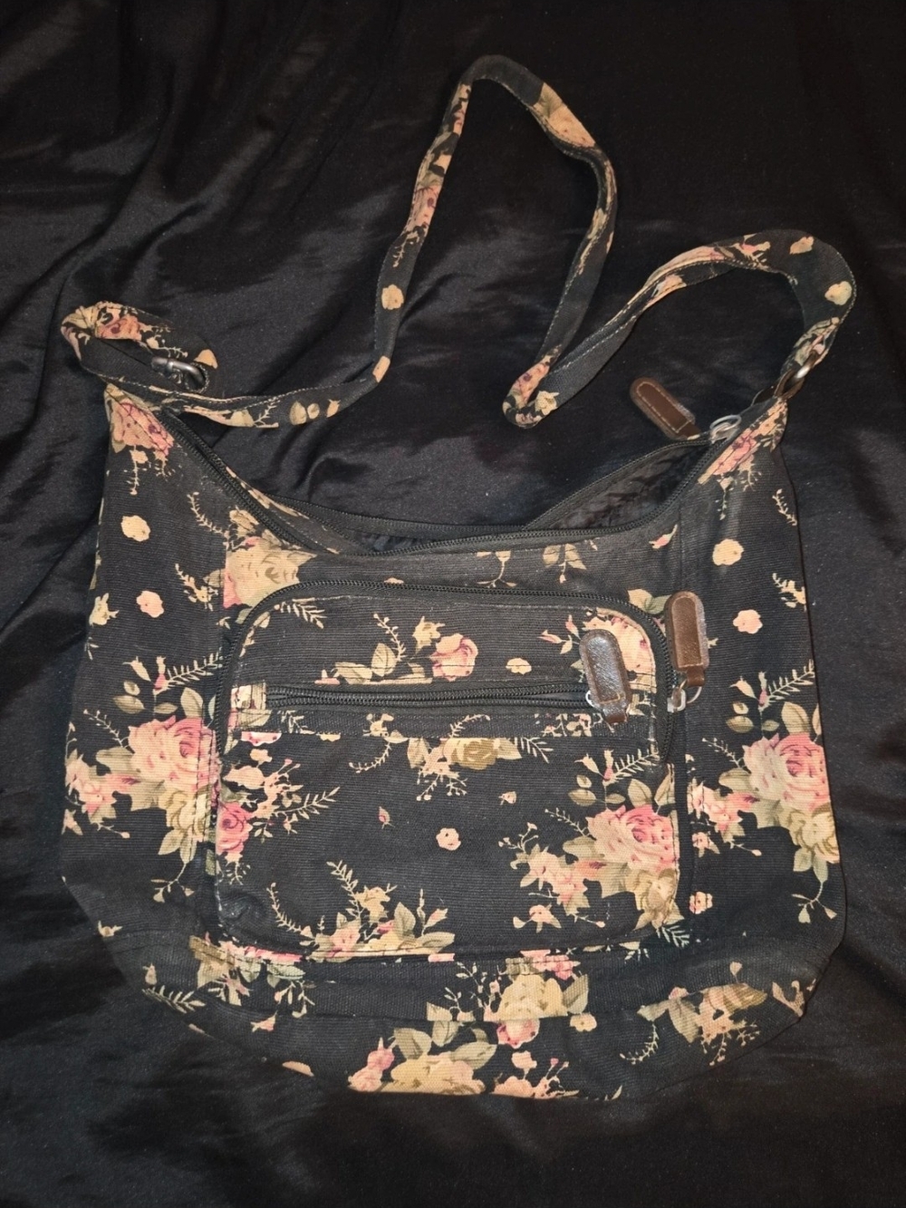 Black Crossbody Bag with Pink and Cream Floral Print